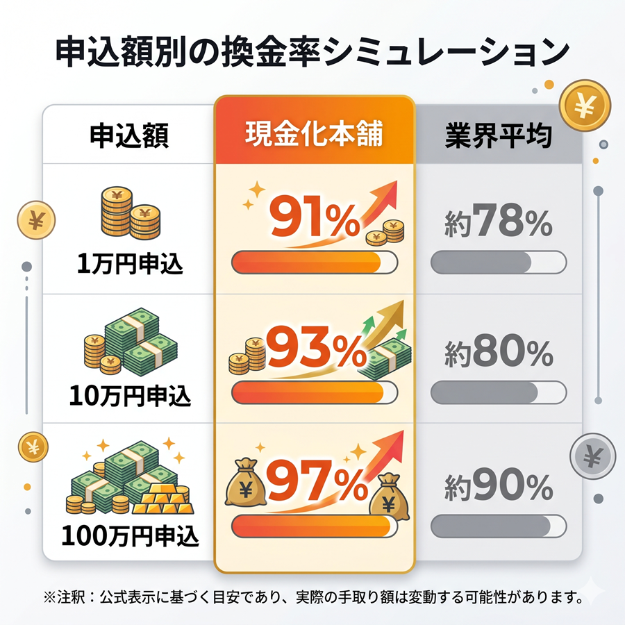 現金化本舗の申込額別換金率シミュレーション表。1万円、10万円、100万円申込時の換金率目安と業界平均との比較