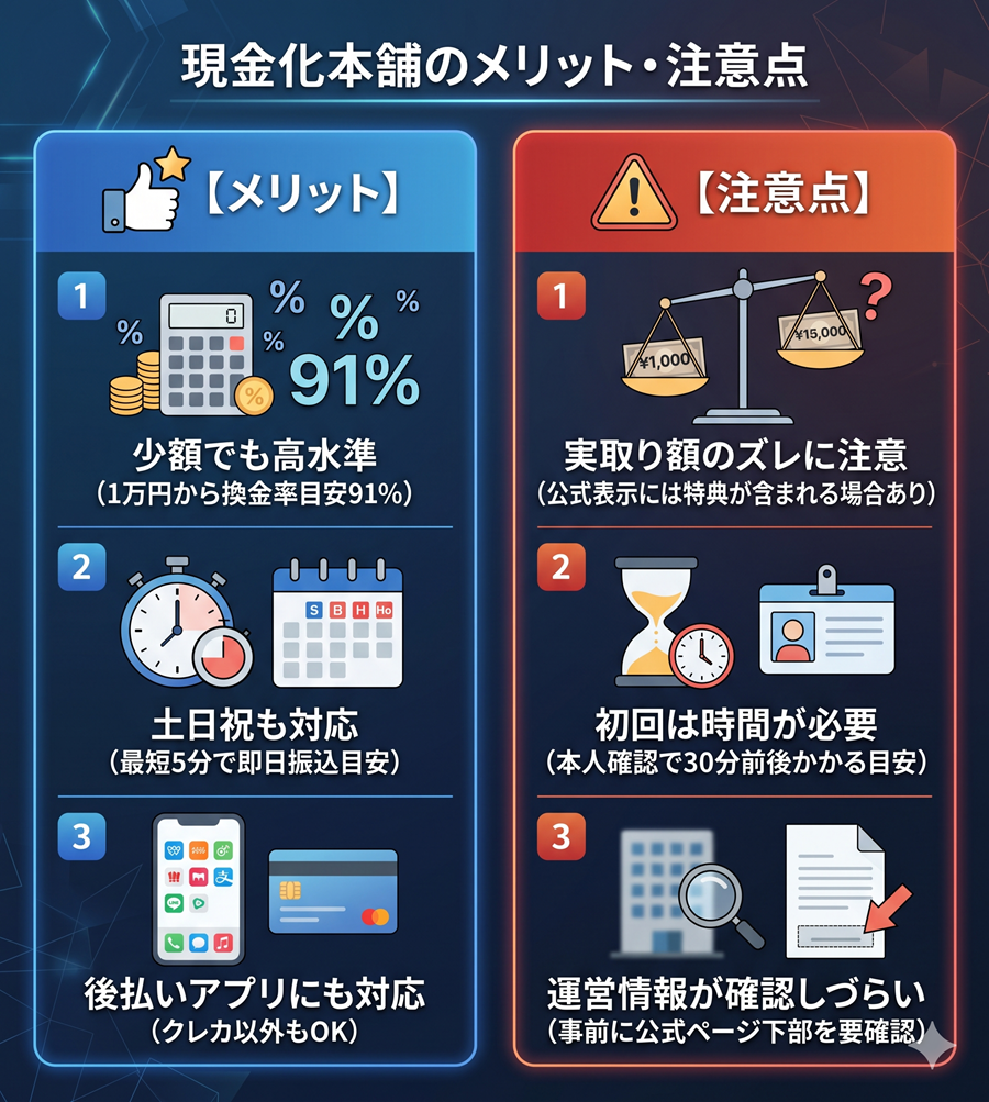 現金化本舗のメリットと注意点の対比図。少額対応や土日祝対応のメリットと、実取り額のズレや初回所要時間などの注意点を整理