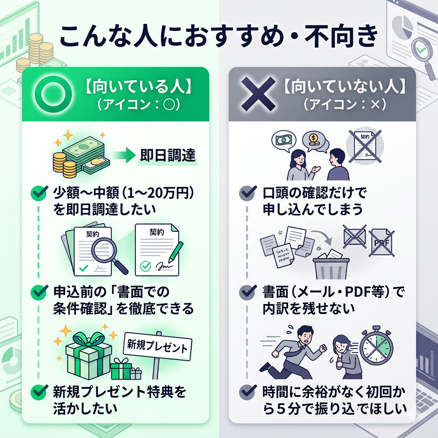 現金化本舗に向いている人と向いていない人の特徴まとめ図。即日調達希望者や書面確認できる人は向いている一方、口頭確認のみの人は不向きである