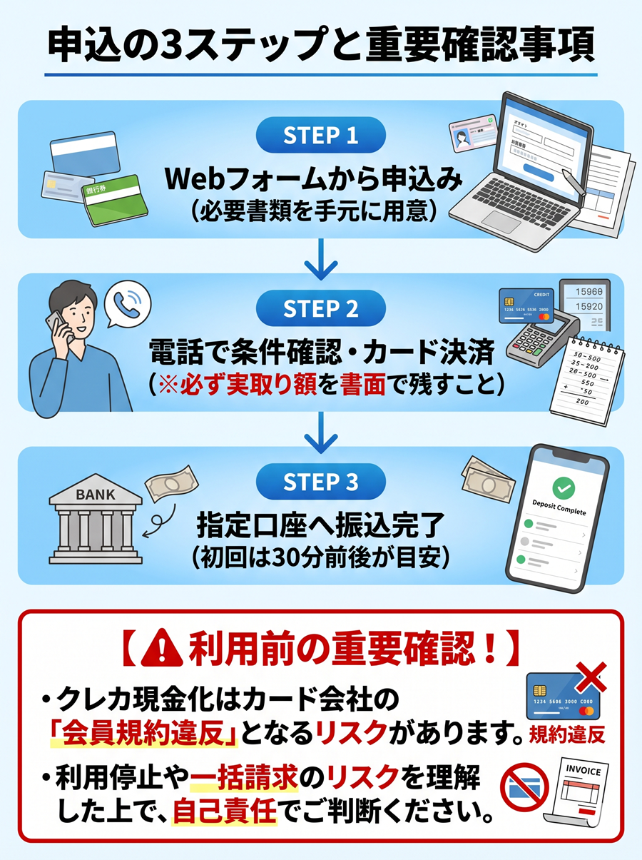 現金化本舗の申込3ステップと重要確認事項。Web申込から条件確認、振込完了までの流れと、クレカ現金化のカード規約違反リスクに関する注意喚起